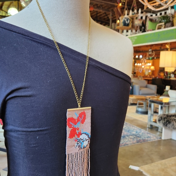 Red Orchid Beaded Tapestry Necklace with Goldtone Chain - Picture 1 of 13